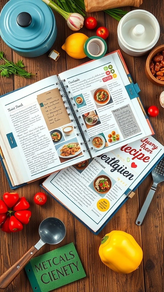 Creative Recipe Scrapbooking Ideas A creative recipe scrapbook with colorful pages, photos, and decorations on a wooden table.